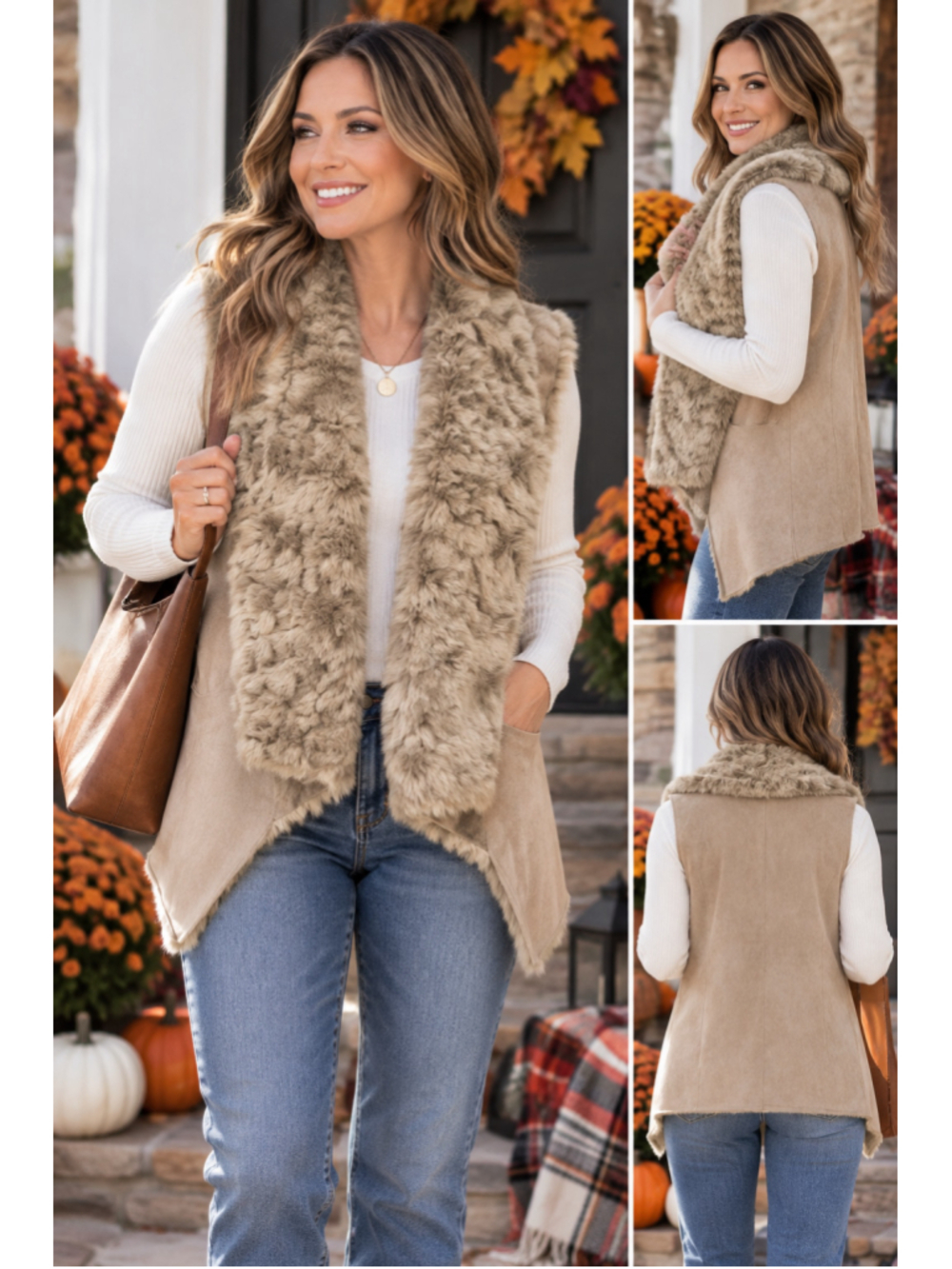 Women's Magaschoni Faux Fur Suede Vest Beige Size M